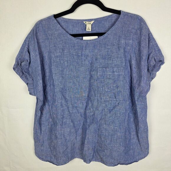 NWT LL Bean 100% Linen Pullover Shirt Short Slv Blue Womens Large Coastal Beachy - Picture 1 of 6